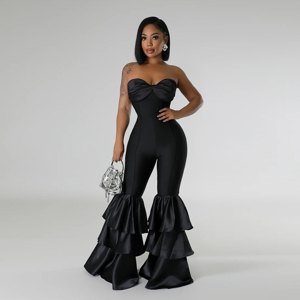 Women's Fashion Sexy Tube Solid Color Pleated Jumpsuits