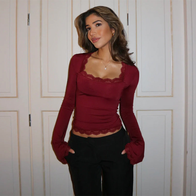 Women's Autumn Solid Color Long Sleeve Lace Band Clothing