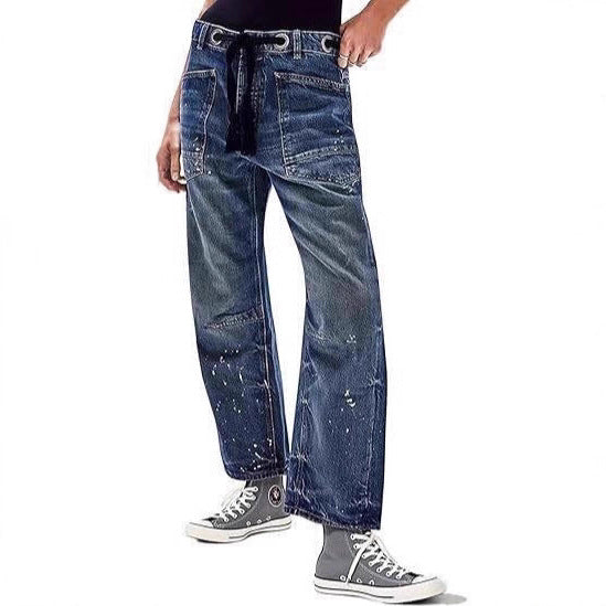 Women's Stitching Summer Loose Straight Drawstring Lace Jeans