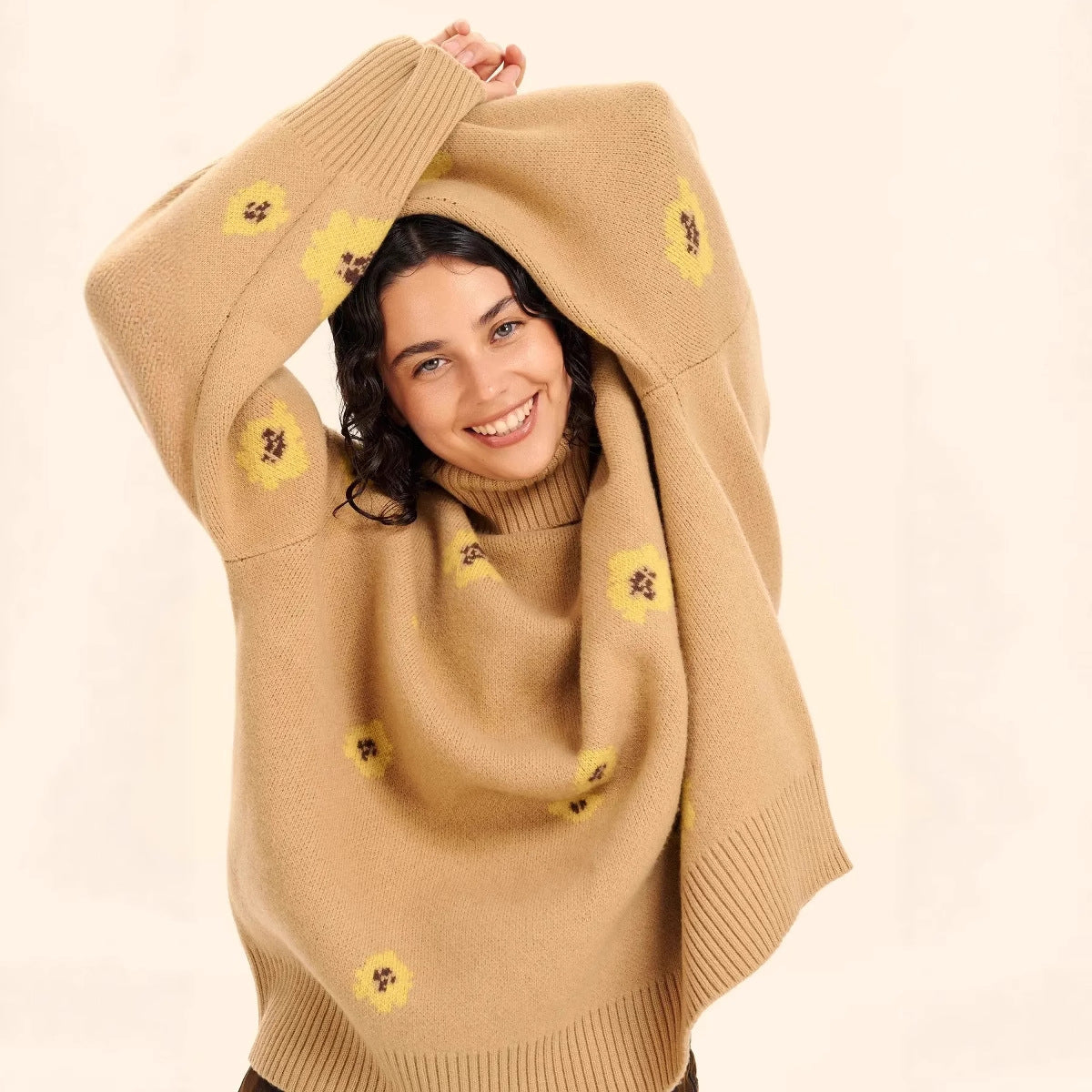 Russian Knitted Flower Jacquard Turtleneck Loose Sweaters