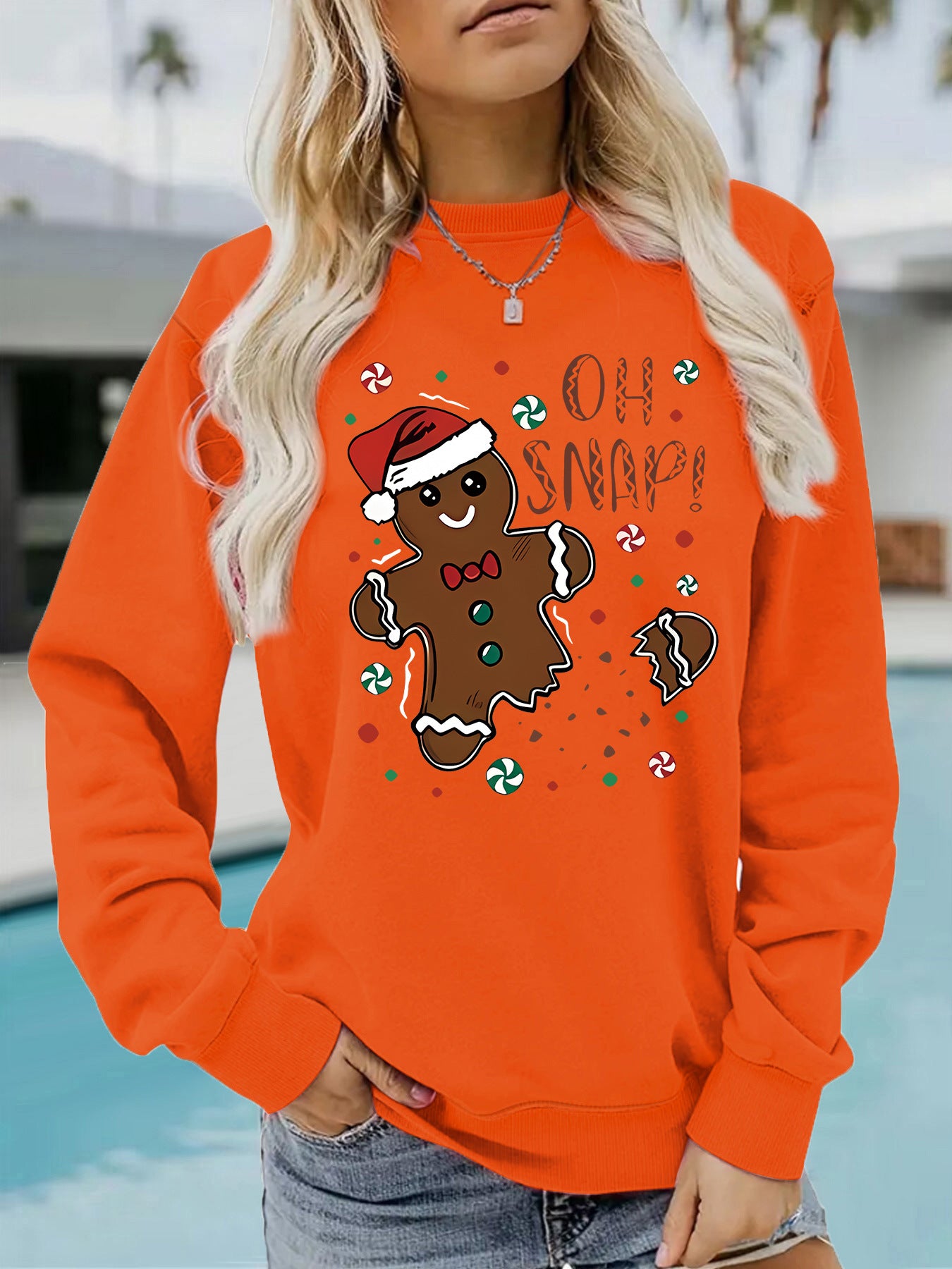 Female Round Neck Christmas Gingerbread Pattern Printing Casual Long Women's Sweater, Sweater