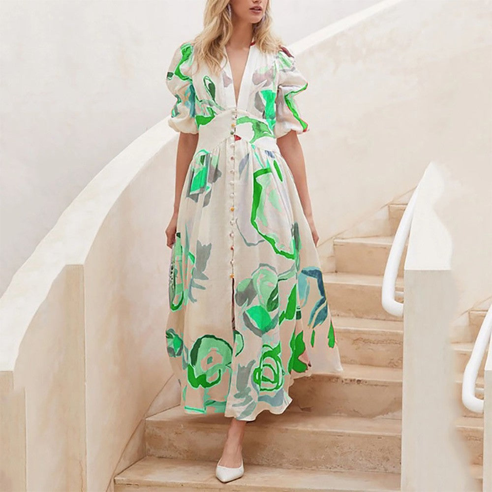 Women's Spring Beach Slim Fit Large Swing Elastic Printing Dress