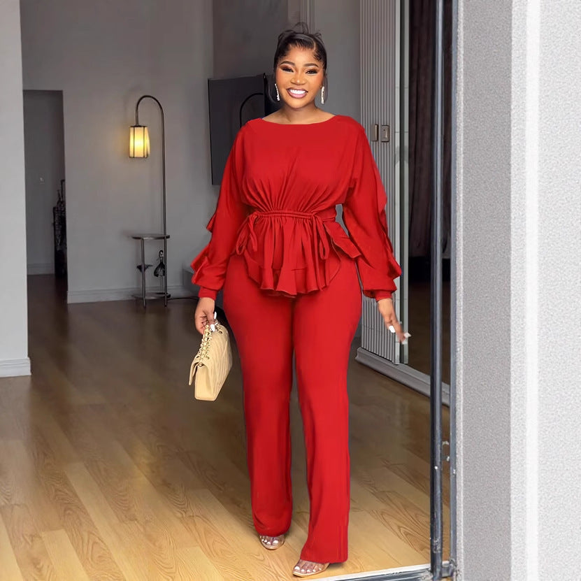 Stretch Slim Lace Drawstring Long Sleeve Waist Suits