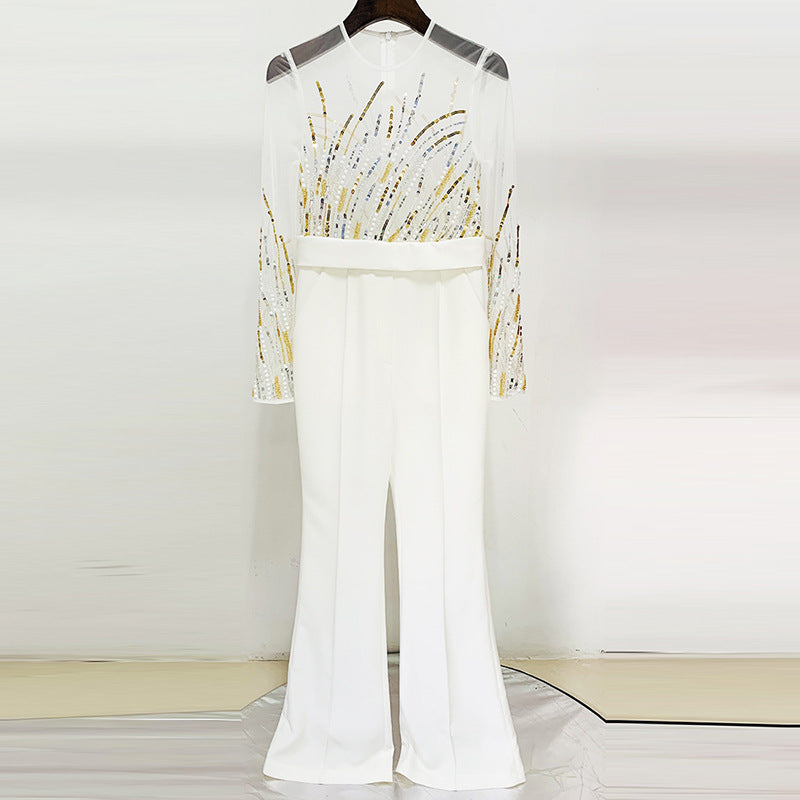 Attractive Fashion Mesh Patchwork Sequin Bead Women's Jumpsuit/clothing