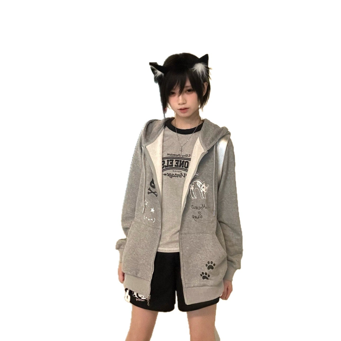 Women's Cat Gray Hooded Long Sleeve Fleece Cardigans