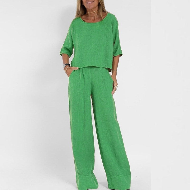 Women's Summer Solid Color Cotton Linen Sleeve Loose Wide Fashion Casual Suit