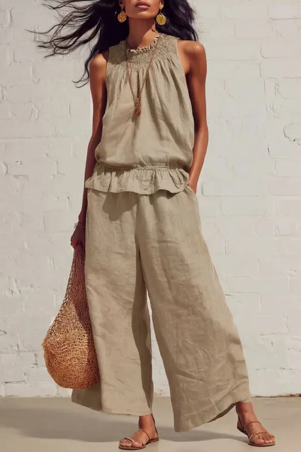 Sleeveless Cool Elastic Waist Design Wide Tops