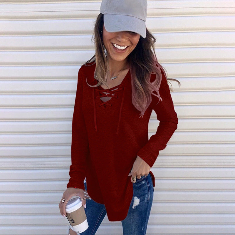Women's Solid Color Tied North American Stitching Women's T-shirt