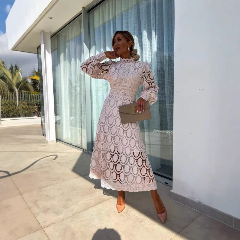 Sexy Hollow Long-sleeved Stand Collar Large Dress