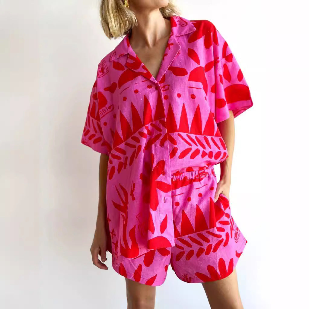 Women's Fashion Casual Printed Shirt Collar Suits