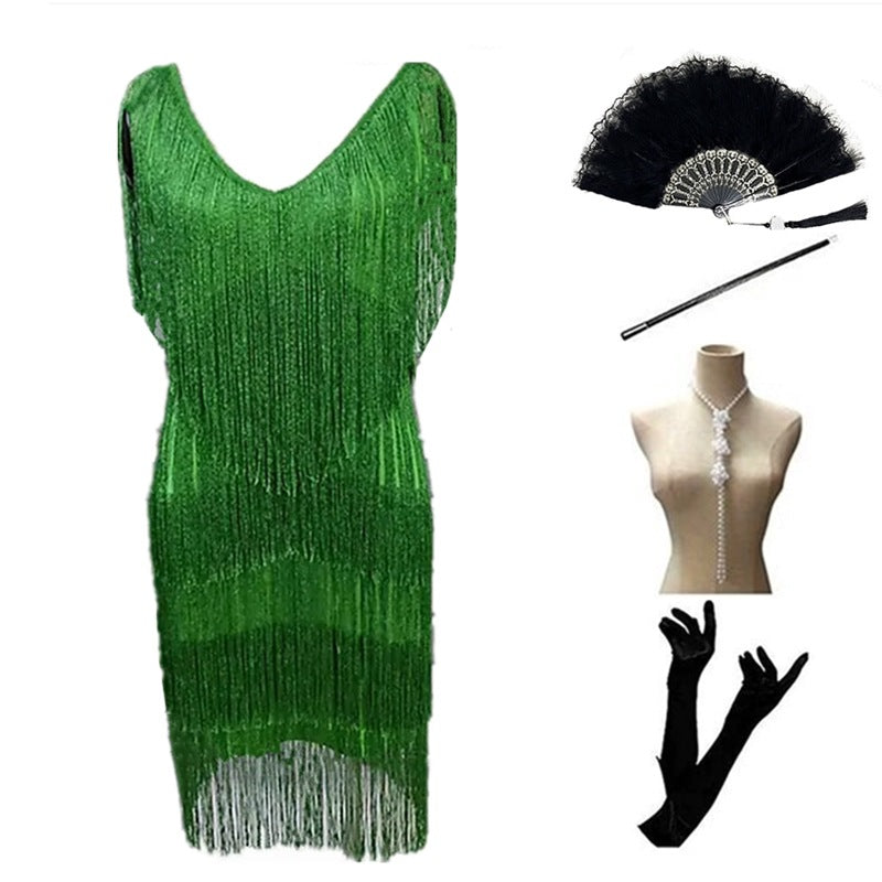 Women's Vintage Sequined Party Dinner Dress Tassel Dresses