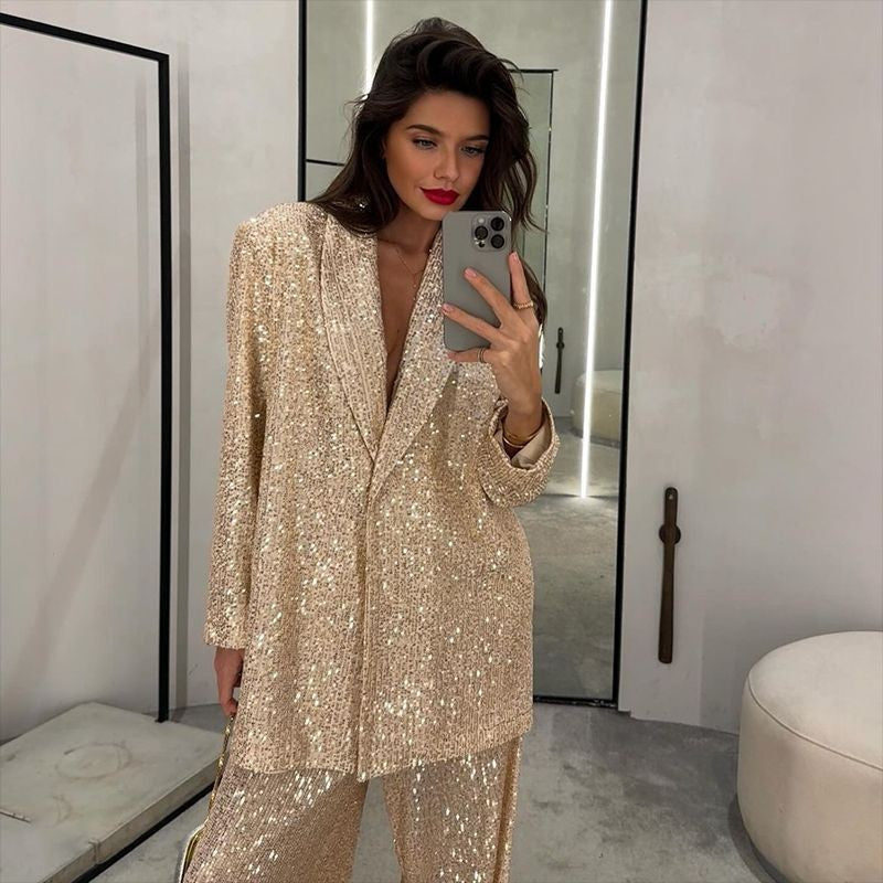 Women's Casual Trousers Temperament Wild Sequin Wide Blazers