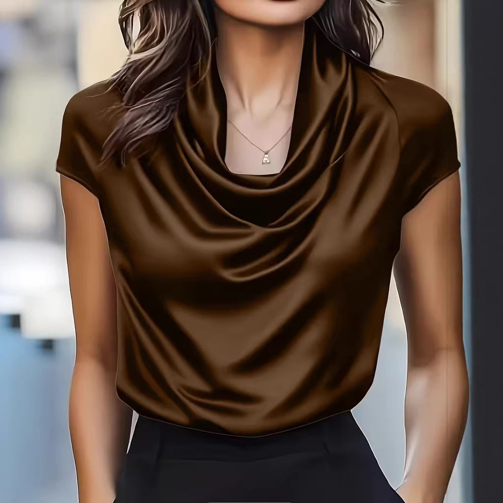 Women's Swing Collar Draping Effect Short-sleeved Shirt Tops