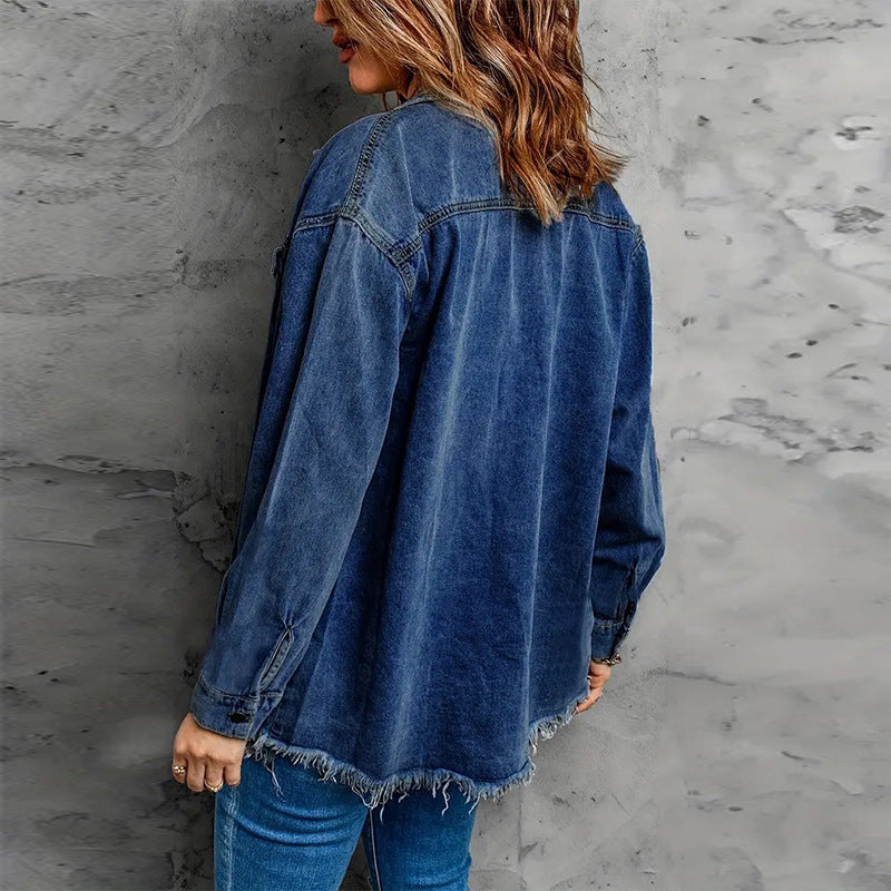 Women's Dark Blue Denim Shirt Long Sleeve Loose Tops