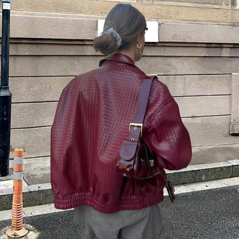 Autumn Wine Red Diamond Plaid Lapel Leather Jackets