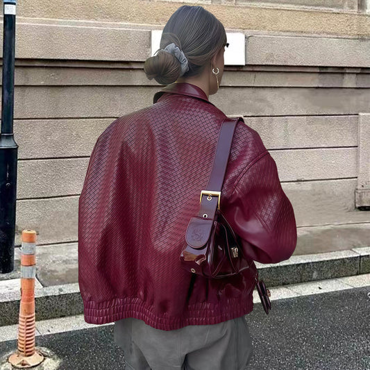 Autumn Wine Red Diamond Plaid Lapel Leather Jackets