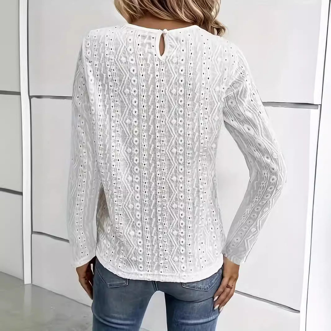 Solid Color Lace Stitching Hollow Long Women's T-shirt