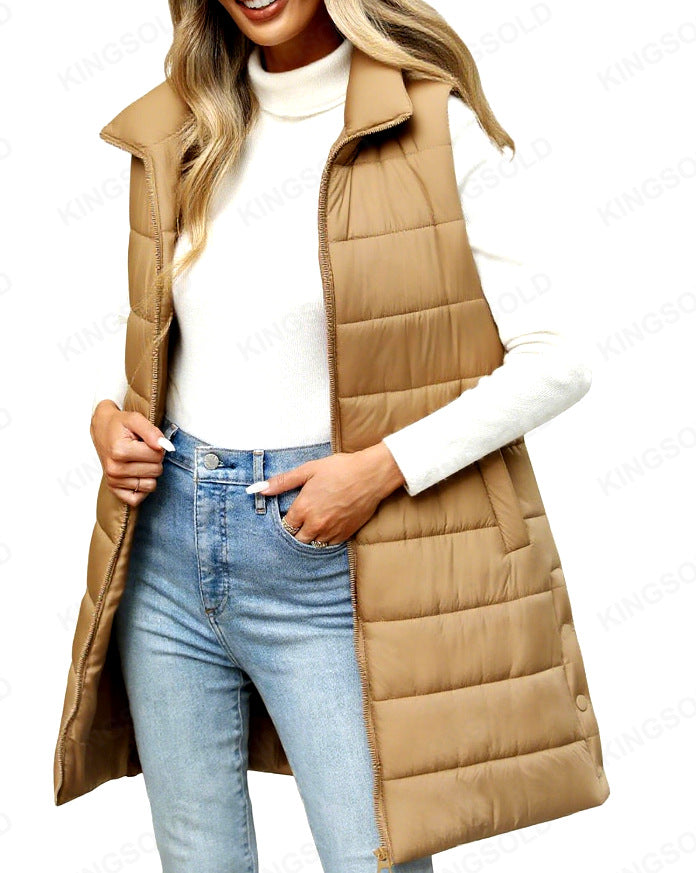 Women's Solid Color Zipper Pocket Cotton Mid-length Coats