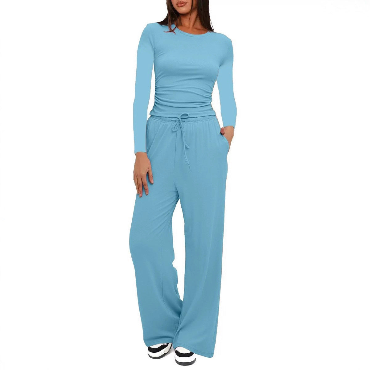 Solid Color Long Sleeves Outfit High Waist Wide Tops