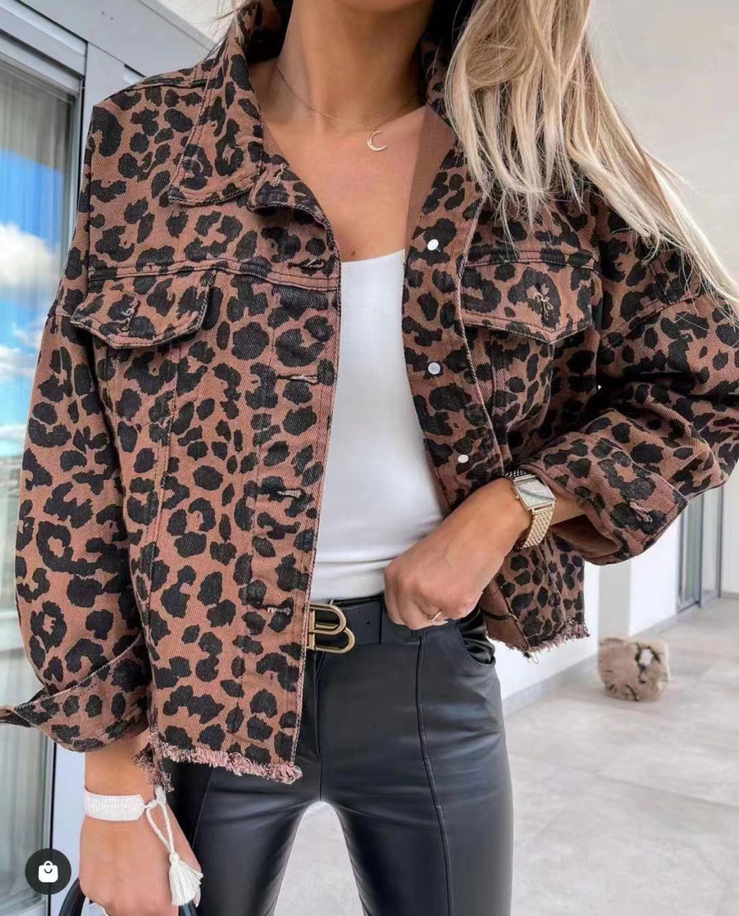 Women's Denim Leopard Print Long Sleeve Loose Jackets