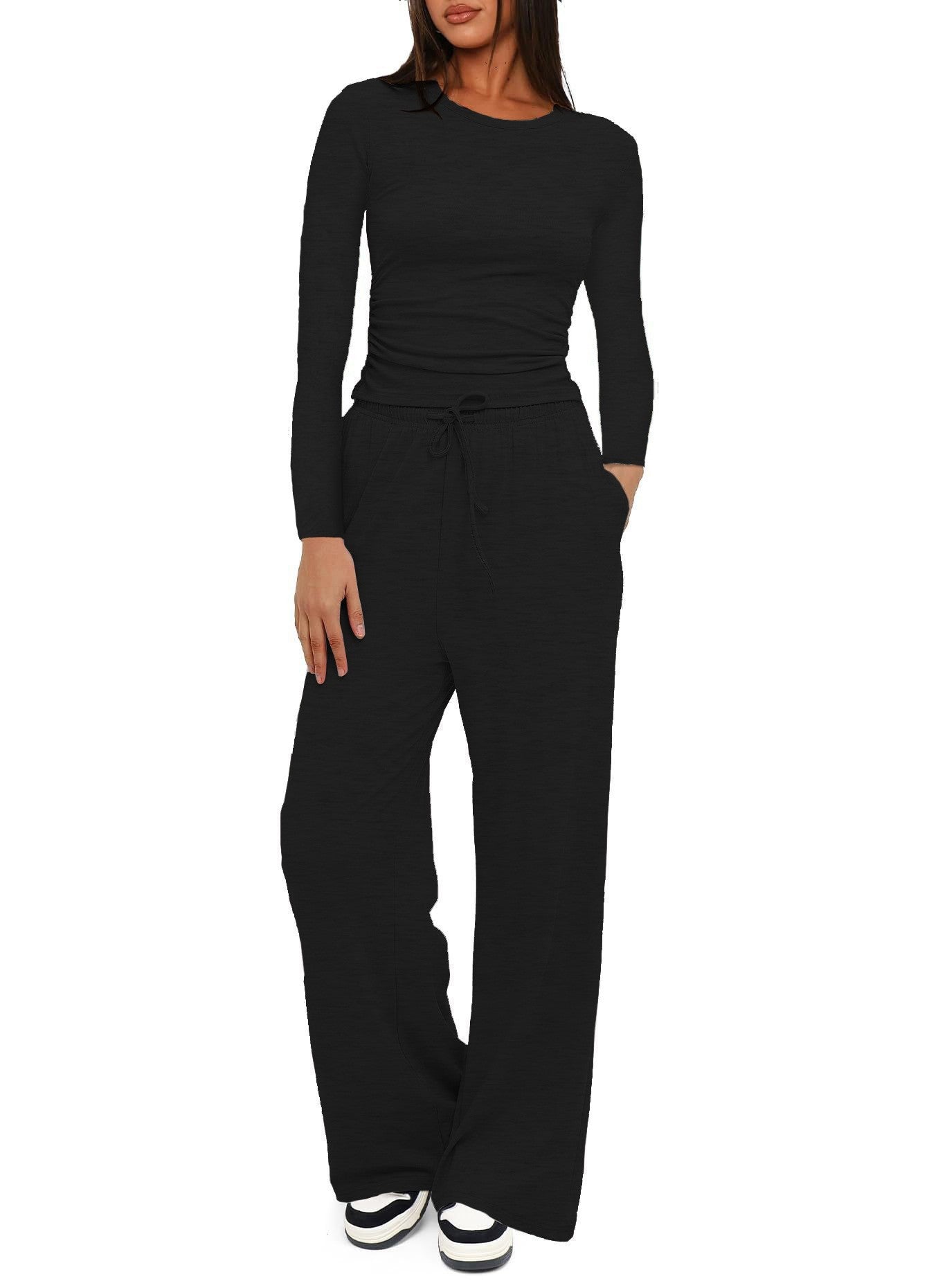 Solid Color Long Sleeves Outfit High Waist Wide Tops