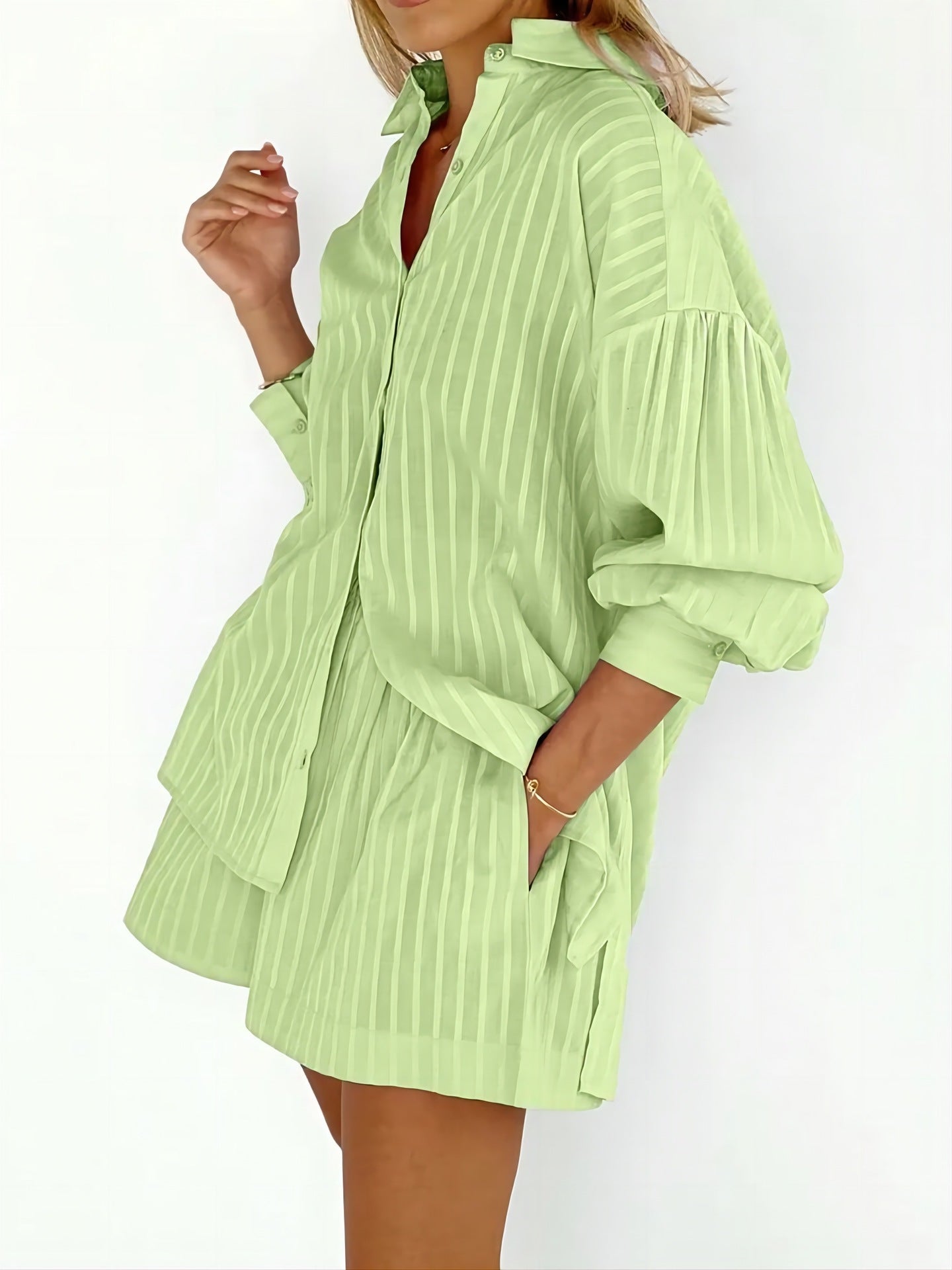 Women's Shirt Jacquard Striped Puff Sleeve Commuter Suits