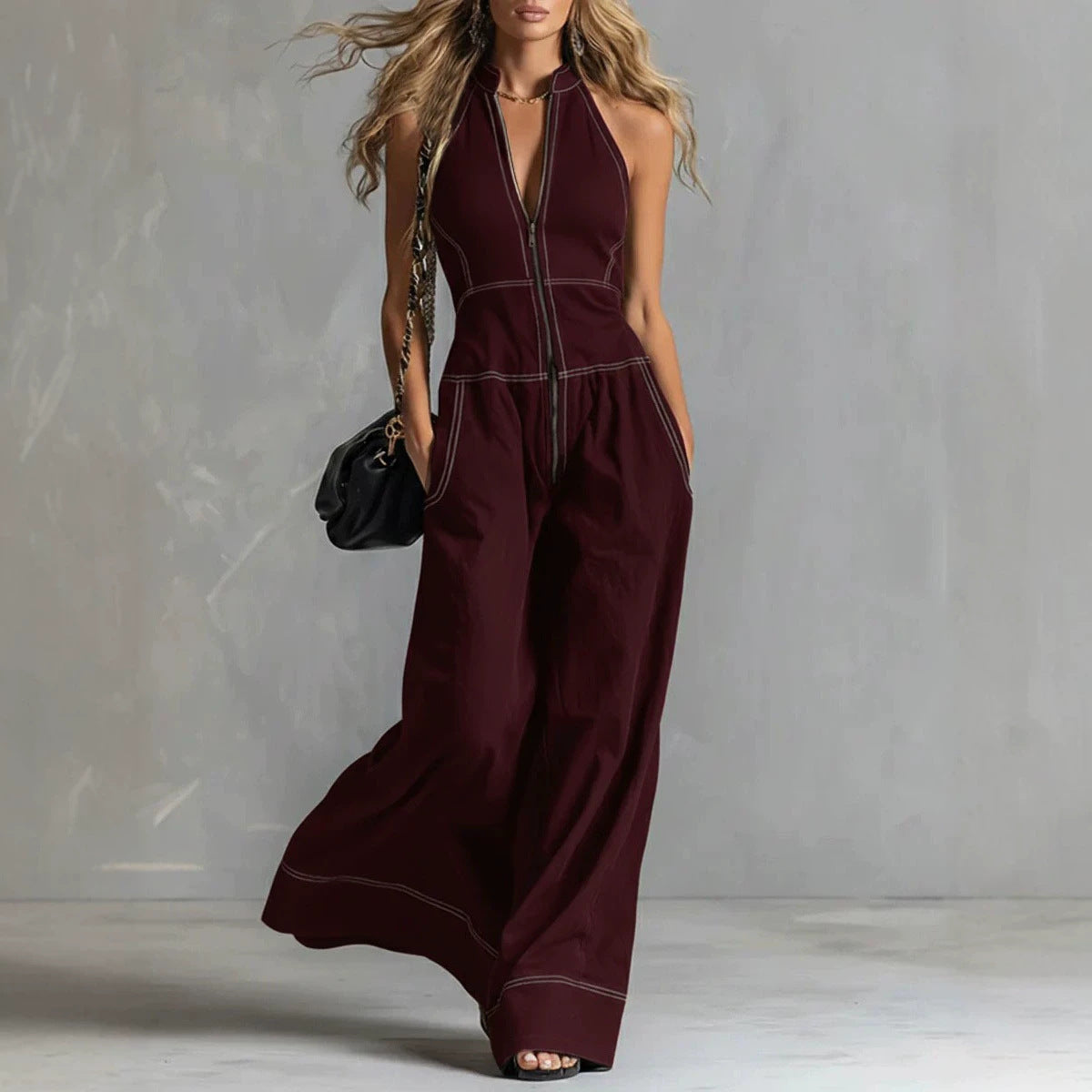 Women's Stand Collar Sleeveless Casual Loose Commuter Women's Jumpsuit/clothing