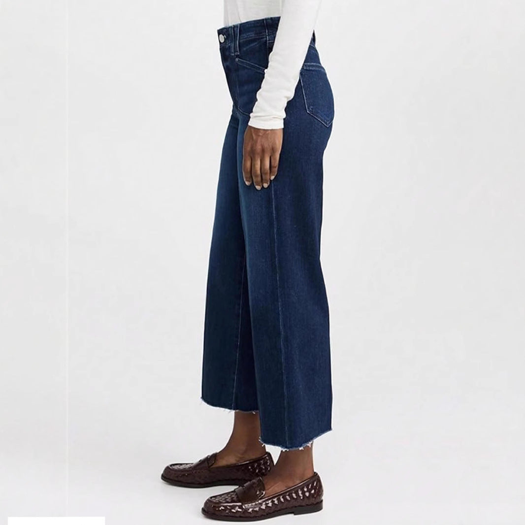 Women's Denim Cropped Straight Wide Leg Flat Pants