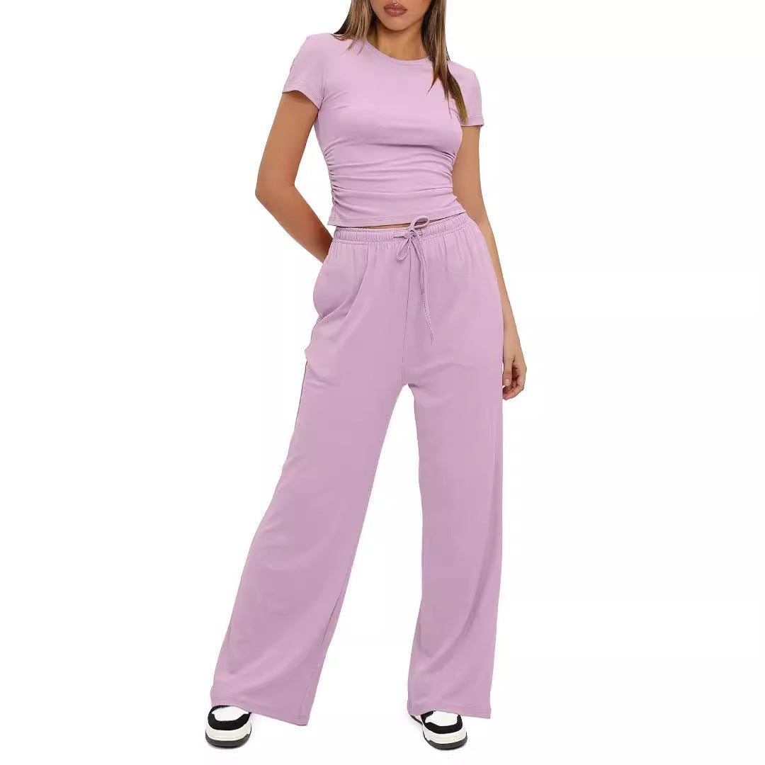 Solid Color Pleated Sleeve High Waist Wide Shorts