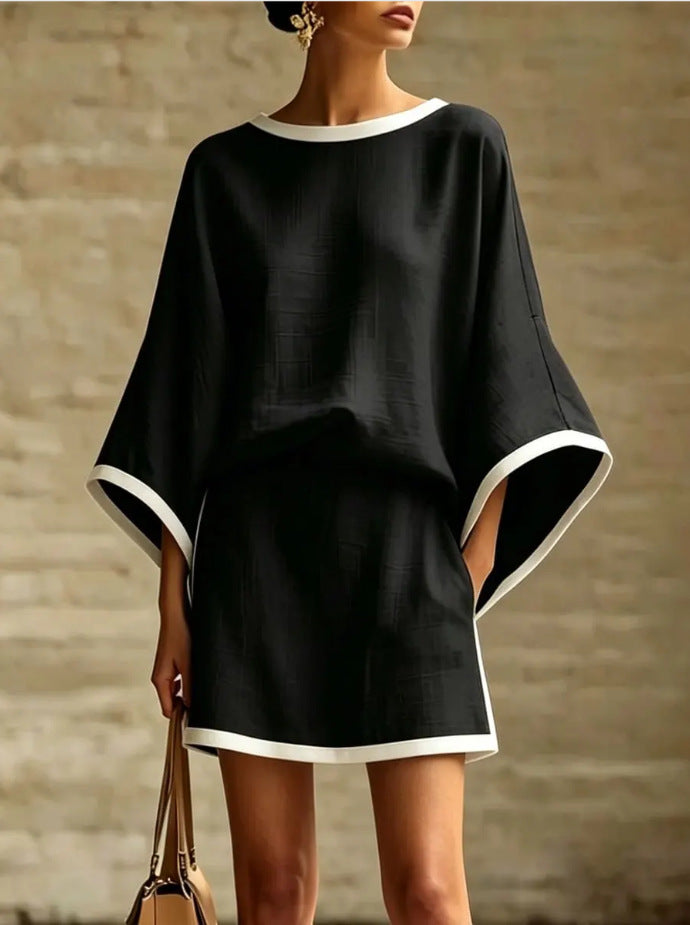 Women's Cotton Linen Dolman Sleeve Two-piece Set Skirts