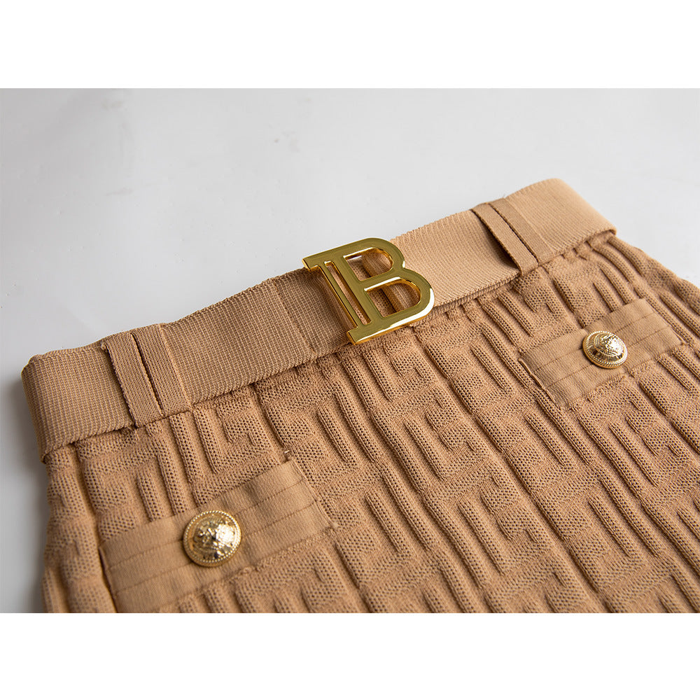 Khaki Jacquard Knitted Collar Two-piece Fashion Suits