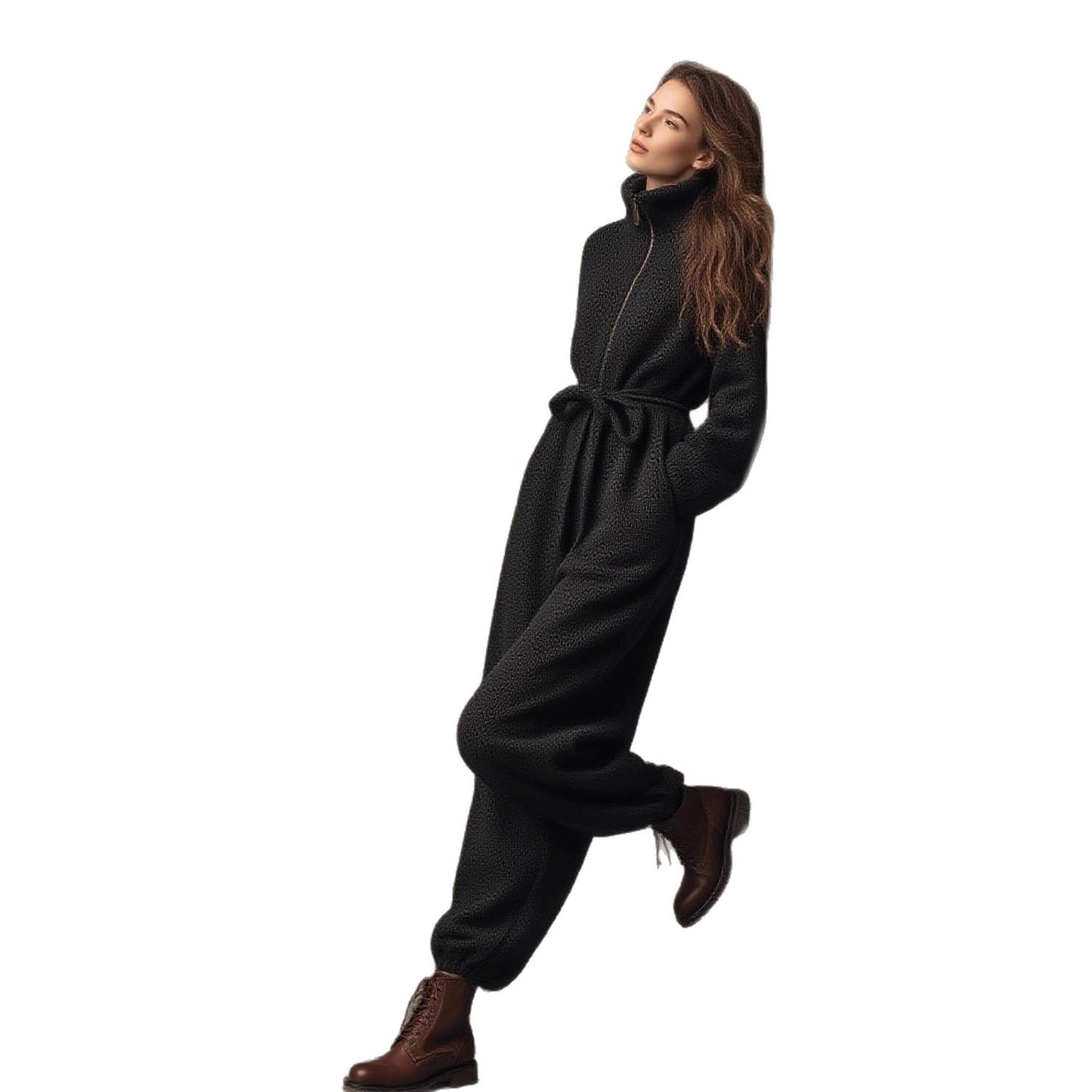 Fashion Casual Zipper Stand Collar Drawstring Jumpsuits