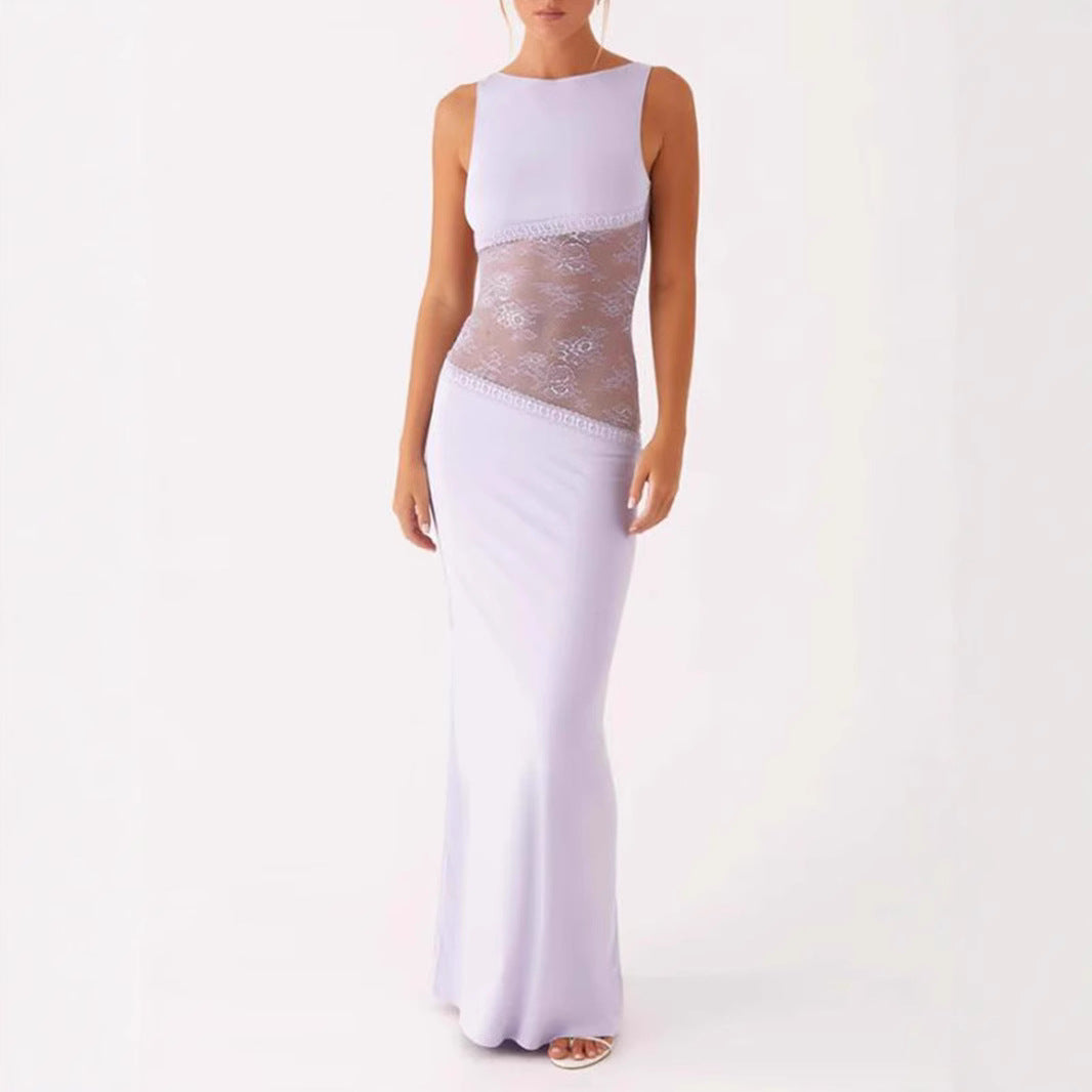 Lace Satin Stitched Backless Long Slimming Jumpsuits