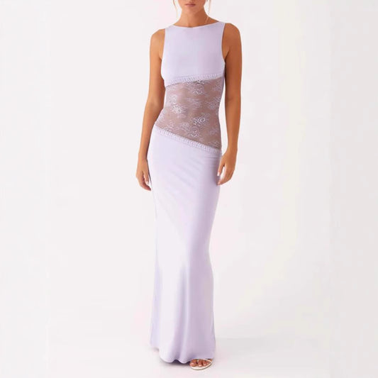 Lace Satin Stitched Backless Long Slimming Jumpsuits