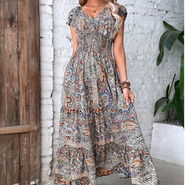Women's Bohemian Style Floral Print Large Swing Dress