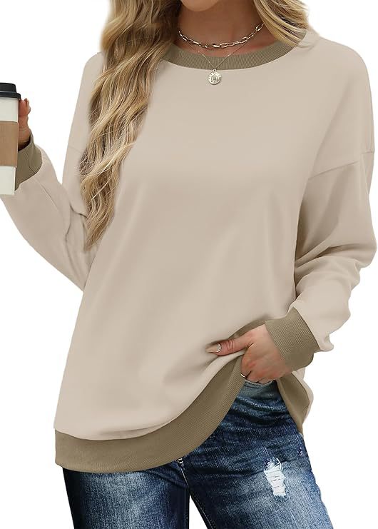 Women's Crew Neck Long Sleeve Loose Color Matching Rib Tops