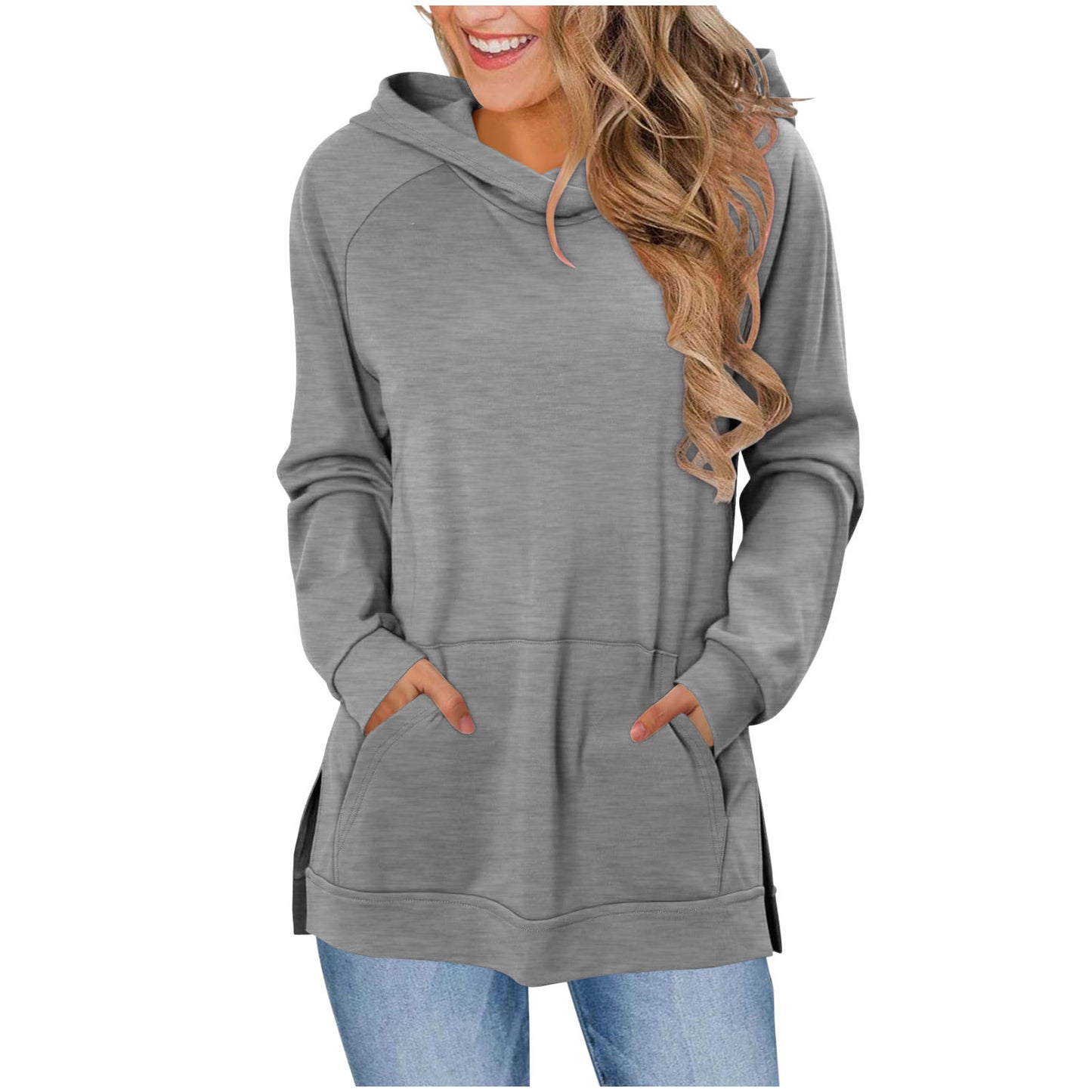 Women's Solid Color Hoodie Wipe Shoulder Long Sleeve Pocket Slit Hemline Women's Sweater, Sweater