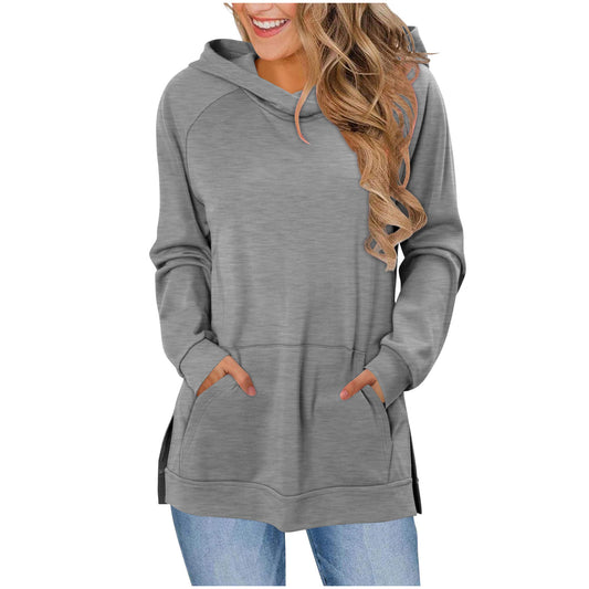 Women's Solid Color Hoodie Wipe Shoulder Long Sleeve Pocket Slit Hemline Women's Sweater, Sweater