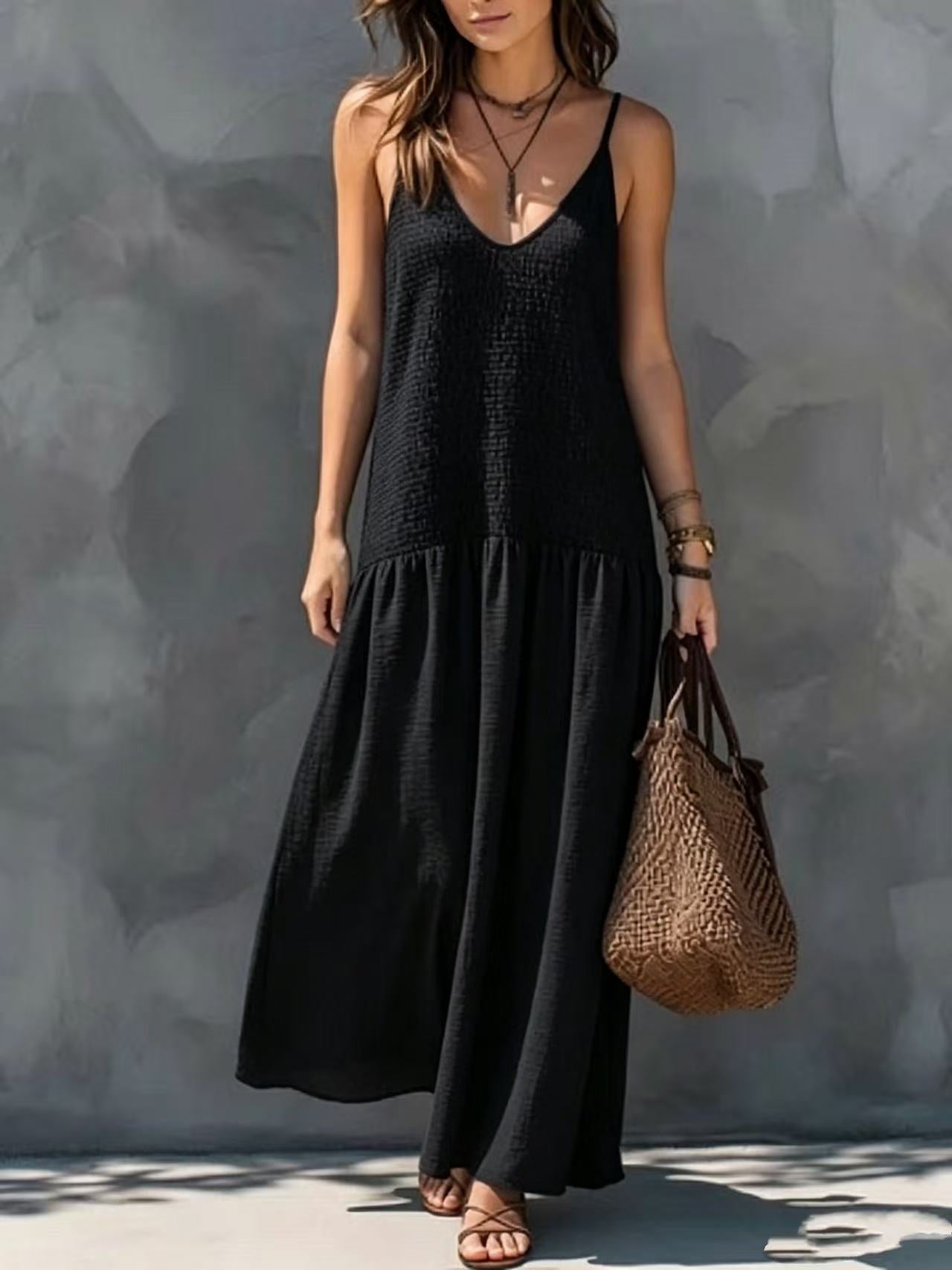 Retro Bohemian Style Backless Smocking Design Strap Long Dress