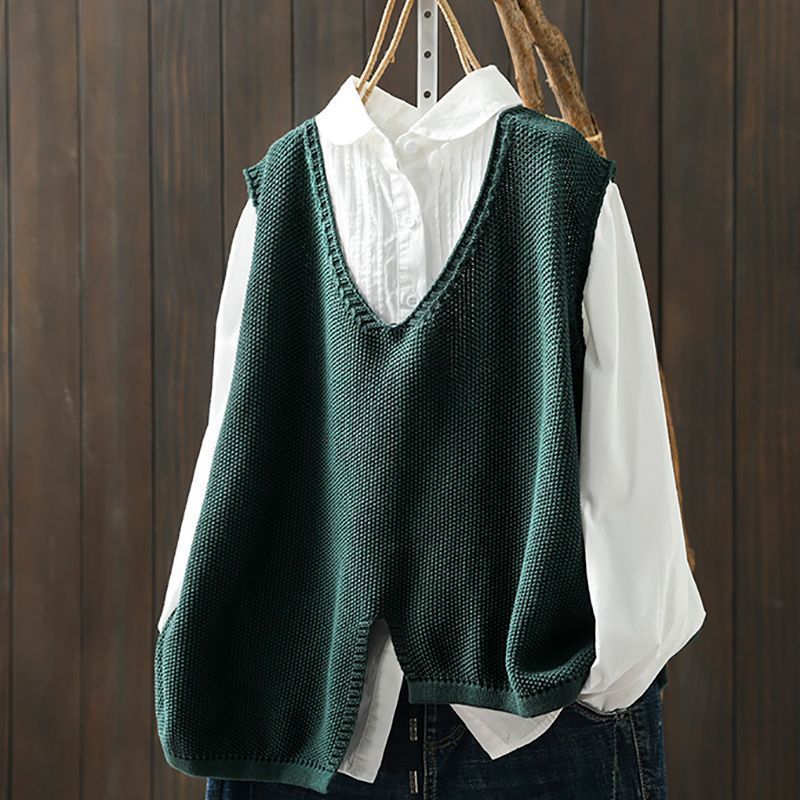 Women's Simple Irregular Lower Hem Ethnic Style Knitted Retro Loose Pullover Women's Vest