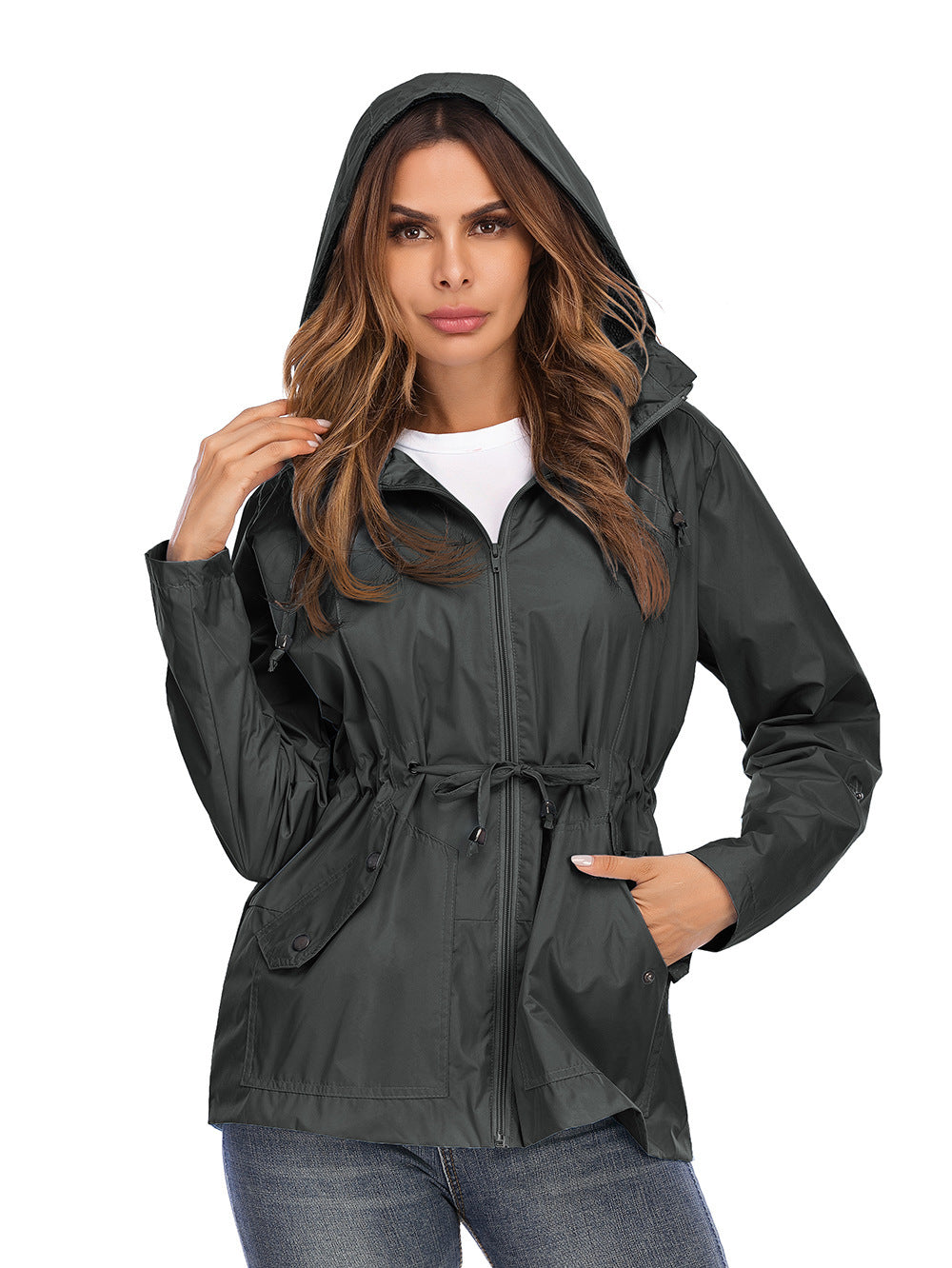 Raincoat Cinched Hoodie Breathable Mesh Outdoor Coats