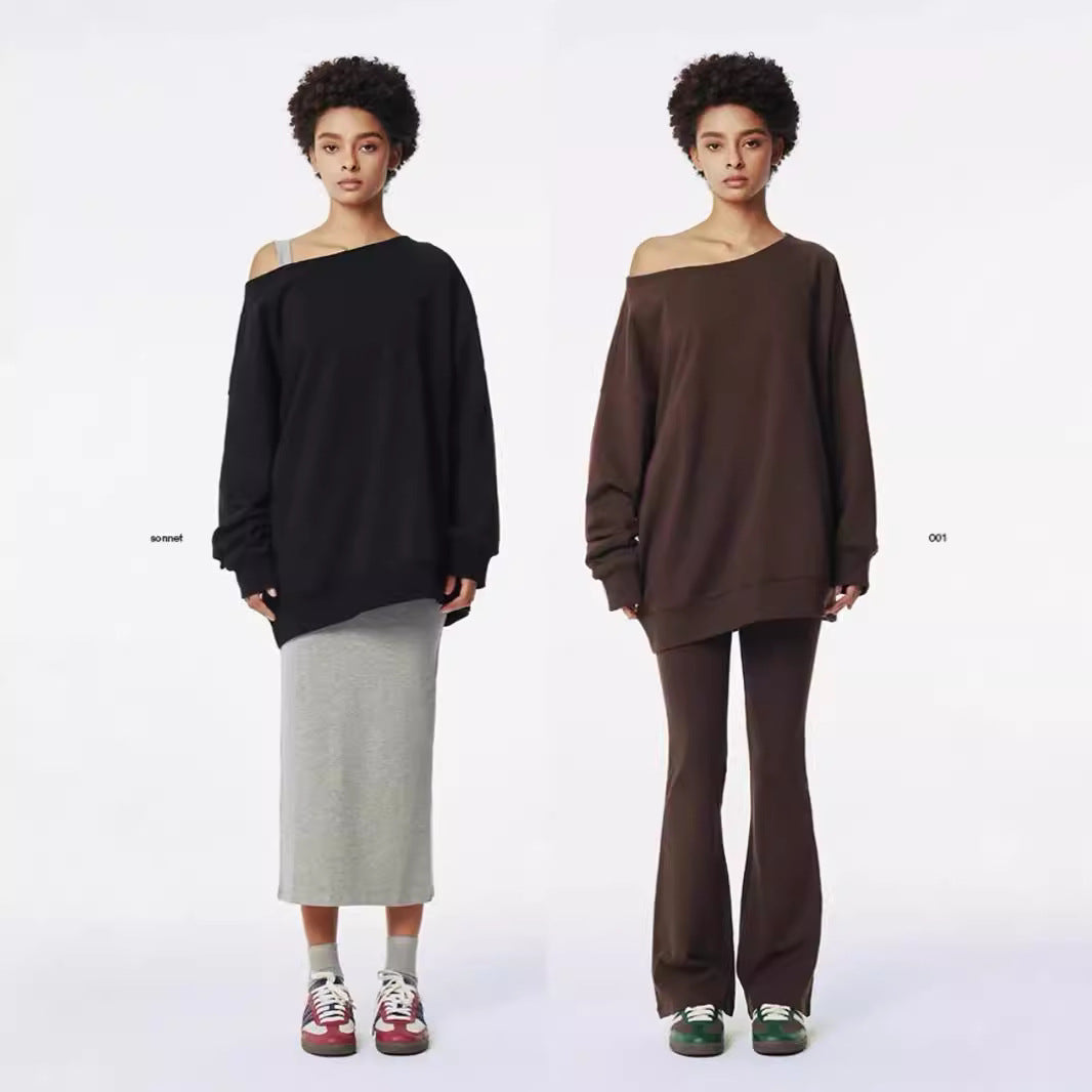 Street Oblique Shoulder Design Sense Loose Sweaters