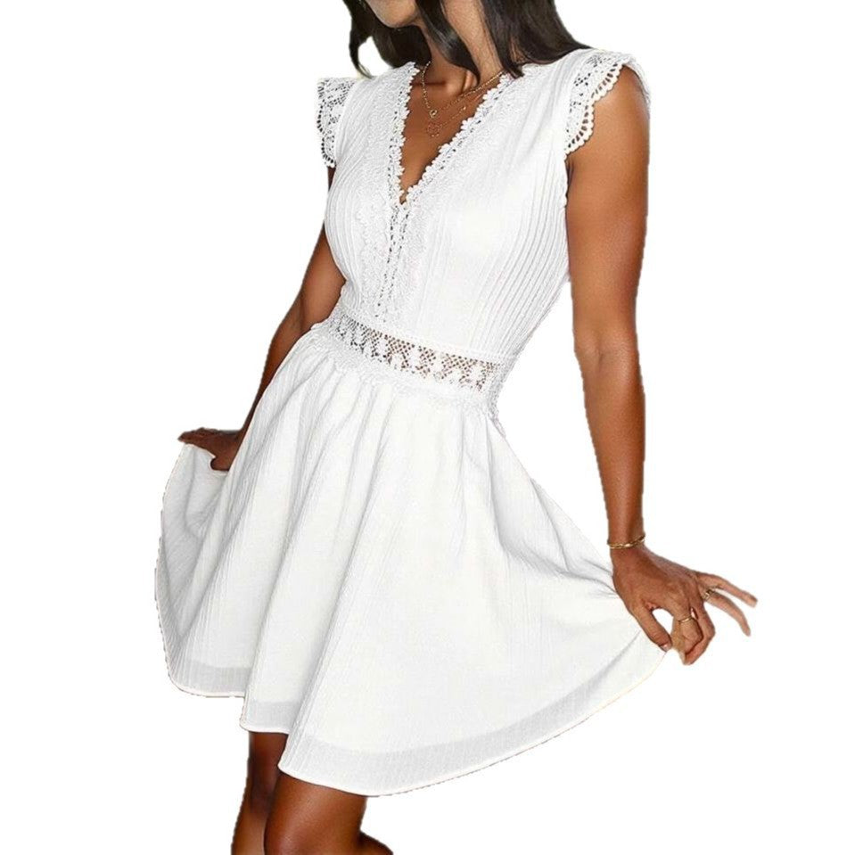 Women's Hollow Out Waist Trimming Short-sleeved Fashion Wear Slim Dress