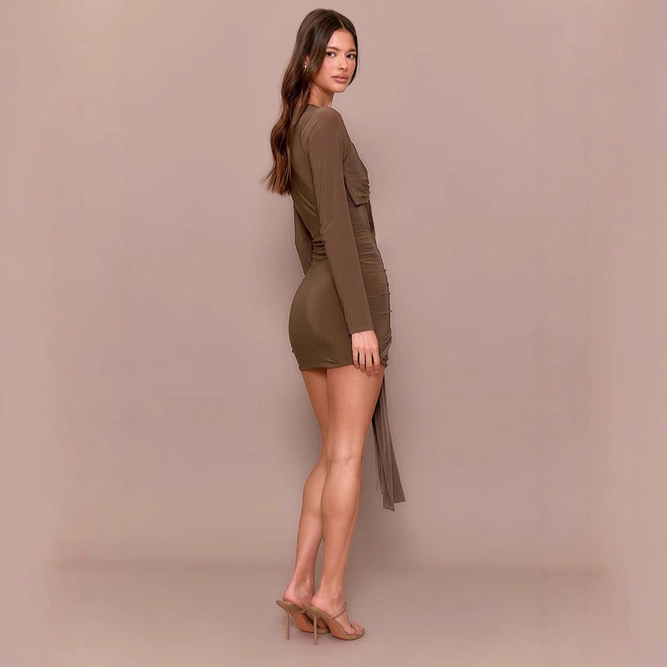 Long Sleeve Twisted Sheath Stretch Fabric Round Collar Dress