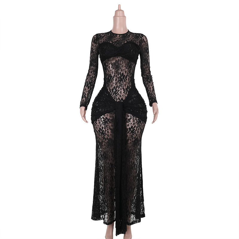 Women's Elegant Sexy See-through Lace Dress Autumn Dresses