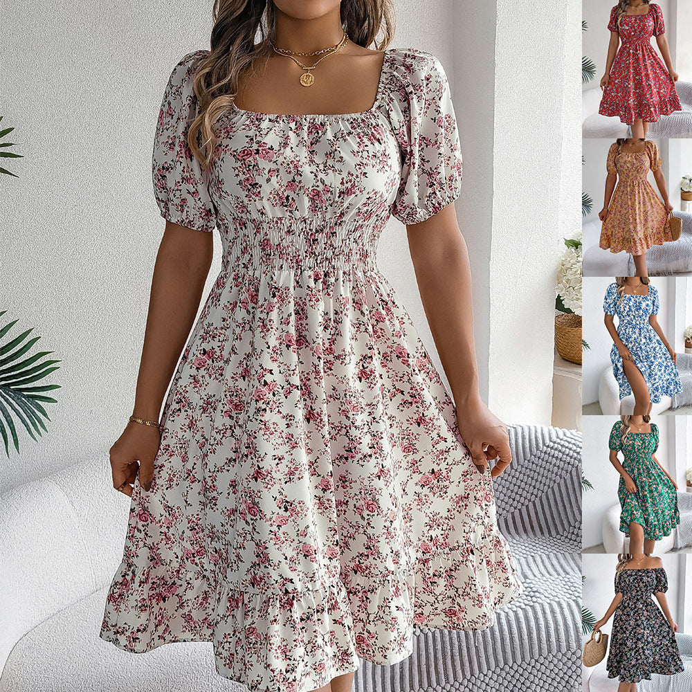 Women's Floral Square Collar Sleeve Ruffled A- Skirts