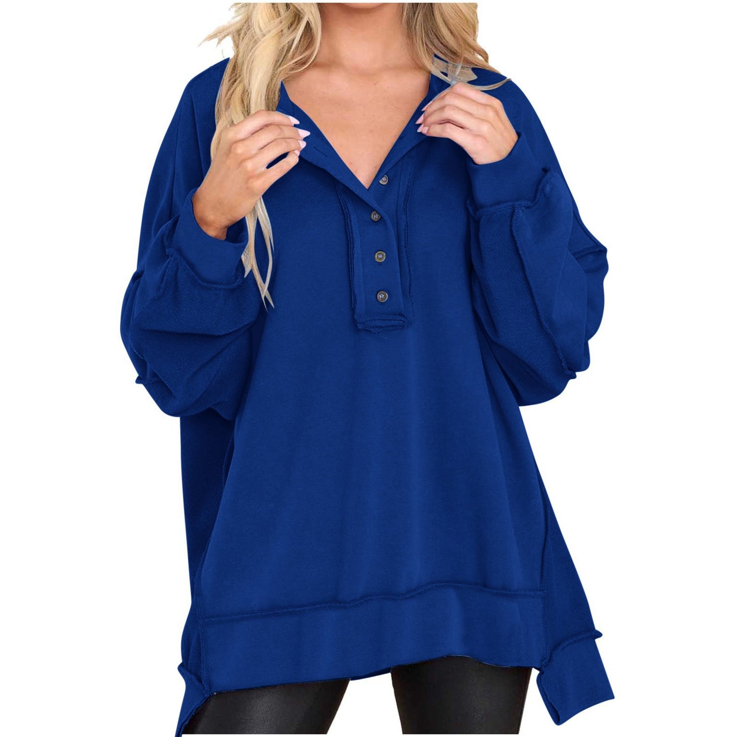 Women's Round Neck Solid Color Buttons Loose Tops