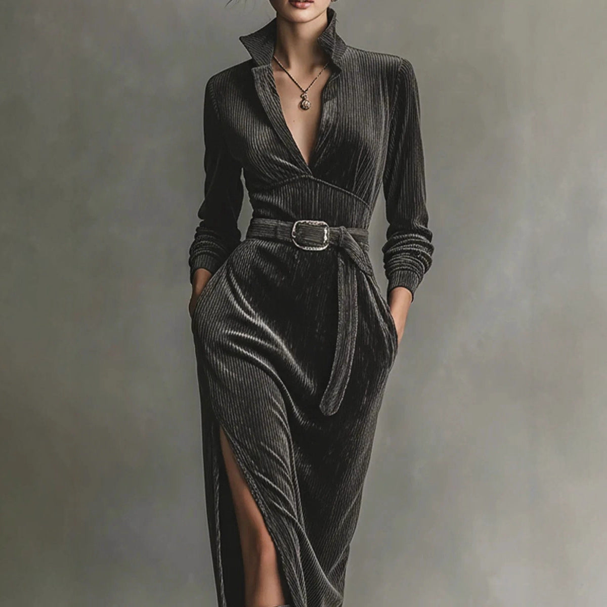Women's Graceful Collar High Waist Pure Color Dresses
