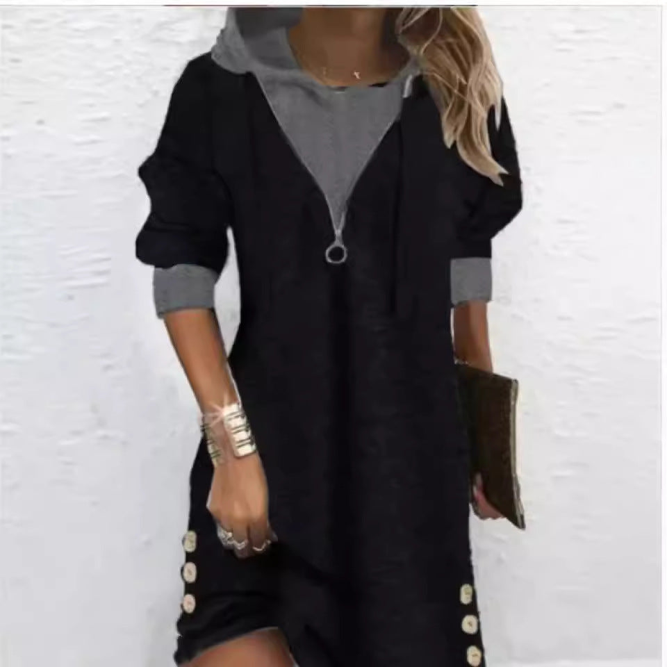 Sleeve Round Neck Printed Zipper Mid-length Women's Sweater, Sweater