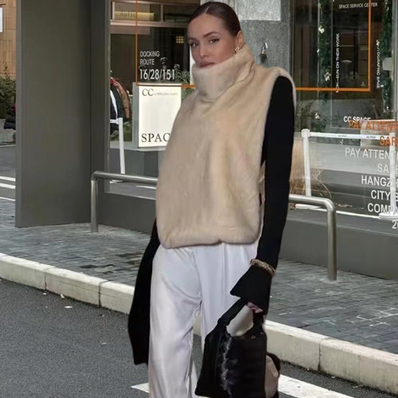 Women's Fashion High Collar Sleeveless Plush Imitation Coats